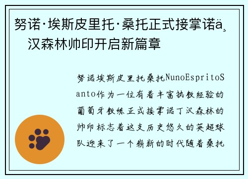 努诺·埃斯皮里托·桑托正式接掌诺丁汉森林帅印开启新篇章 努诺·埃斯皮里托·桑托正式接掌诺丁汉森林帅印开启新篇章